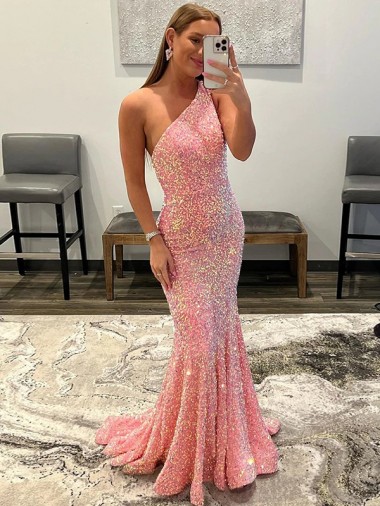 Open Back One Shoulder Sleeveless Long Sweep Train Velvet Sequin Prom Dress Australia