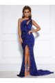 Mermaid One Shoulder Sleeveless Long Court Train Velvet Sequin Prom Dress with Slit Australia