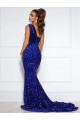 Mermaid One Shoulder Sleeveless Long Court Train Velvet Sequin Prom Dress with Slit Australia