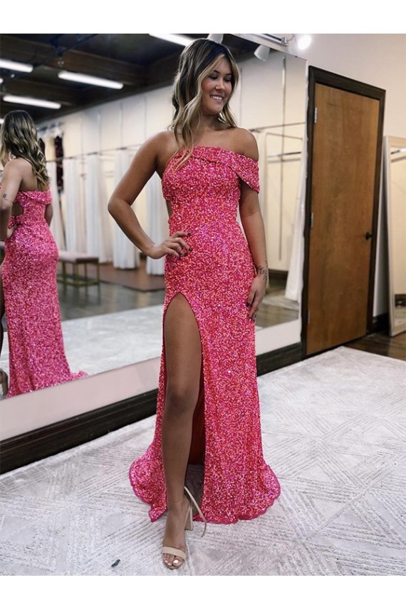 One Shoulder Sleeveless Long Sweep Train Velvet Sequin Prom Dress with Side Slit Australia