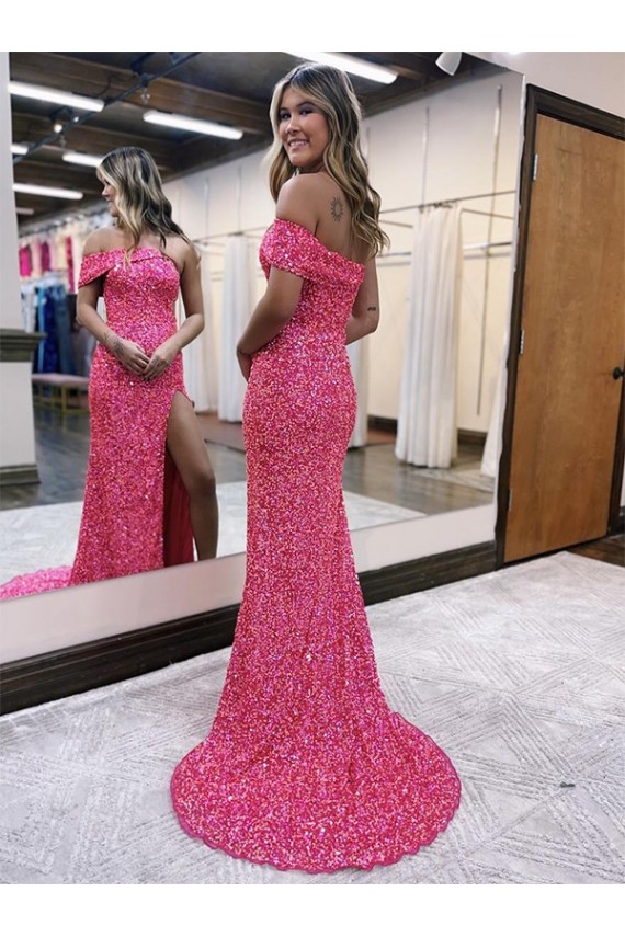 One Shoulder Sleeveless Long Sweep Train Velvet Sequin Prom Dress with Side Slit Australia