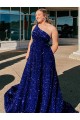 A-Line One Shoulder Sleeveless Long Sweep Train Velvet Sequin Prom Dress with Pockets Australia