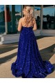 A-Line One Shoulder Sleeveless Long Sweep Train Velvet Sequin Prom Dress with Pockets Australia