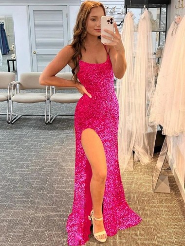 Spaghetti Straps Sleeveless Long Velvet Sequin Prom Dress with Slit and Criss Cross Open Back Australia