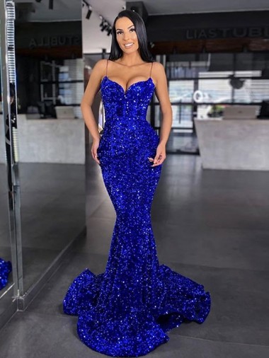 Mermaid Spaghetti Straps Sleeveless Long Sweep Train Velvet Sequin Prom Dress Australia