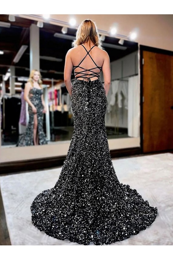 Spaghetti Straps Sleeveless Long Sweep Train Velvet Sequin Prom Dress Australia