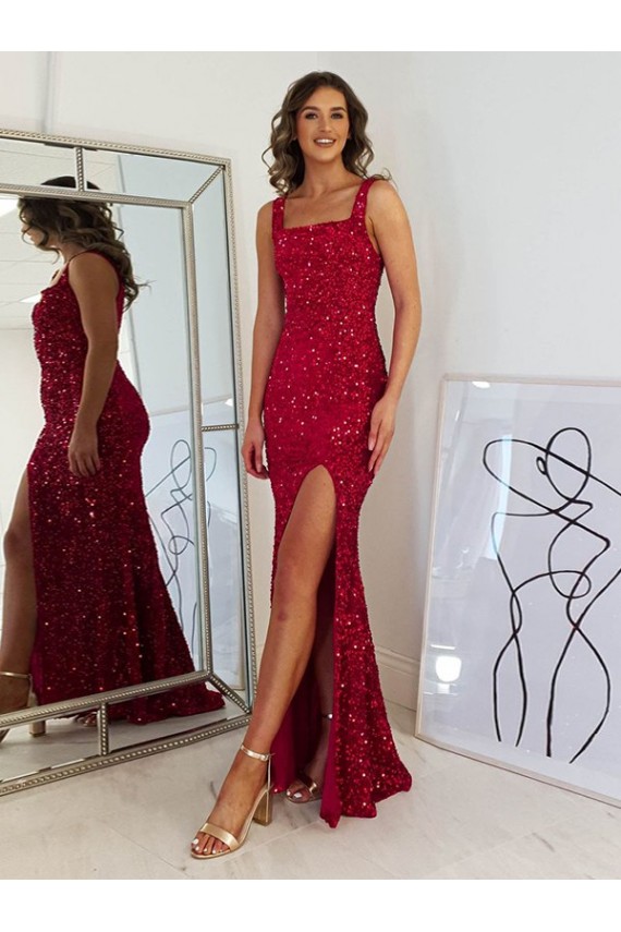 Square Neck Sleeveless Long Velvet Sequin Prom Dress with Slit Australia