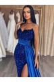 Sweetheart Sleeveless Long Sweep Train Velvet Sequin Prom Dress with Slit Australia