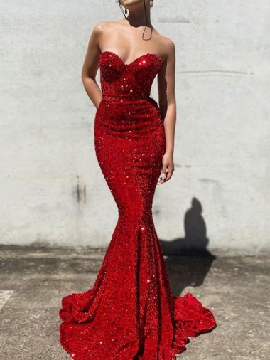Mermaid Sweetheart Sleeveless Long Court Train Velvet Sequin Prom Dress Australia