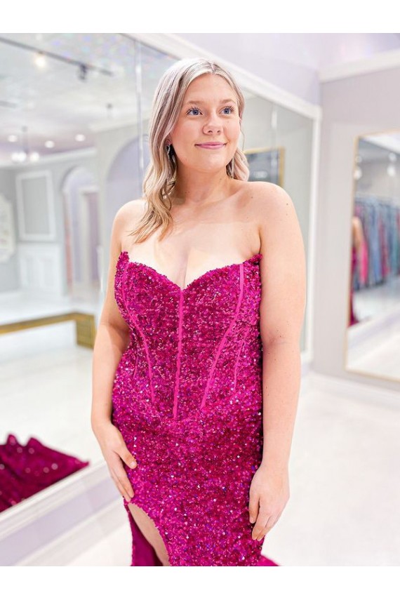Long Sweetheart Sleeveless Sweep Train Velvet Sequin Prom Dress with Slit Australia