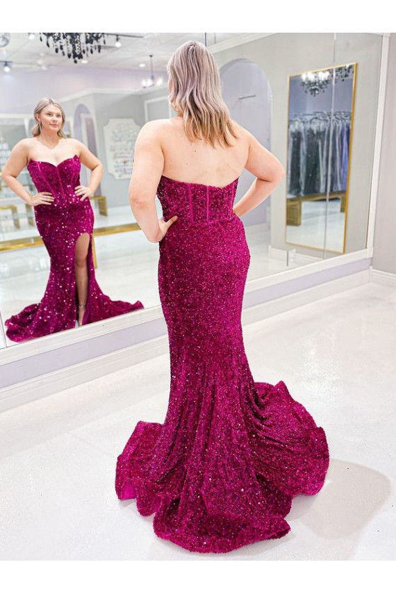 Long Sweetheart Sleeveless Sweep Train Velvet Sequin Prom Dress with Slit Australia