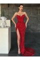 V-Neck Sleeveless Long Sweep Train Velvet Sequin Prom Dress with High Side Slit Australia