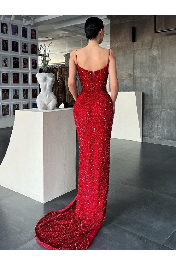 V-Neck Sleeveless Long Sweep Train Velvet Sequin Prom Dress with High Side Slit Australia