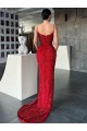 V-Neck Sleeveless Long Sweep Train Velvet Sequin Prom Dress with High Side Slit Australia