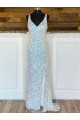 V-Neck Sleeveless Long Sweep Train Velvet Sequin Prom Dress Australia