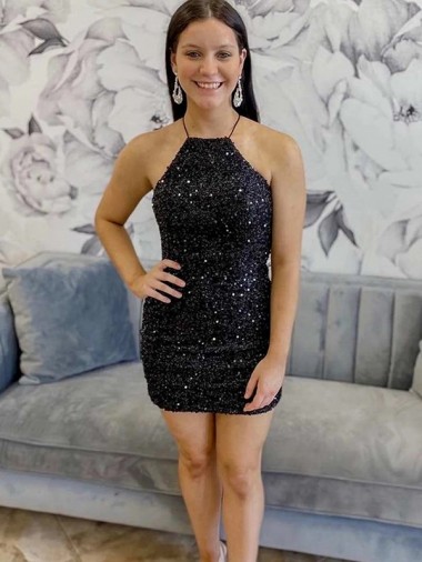 Halter Sleeveless Short Velvet Sequin Prom Dress Australia