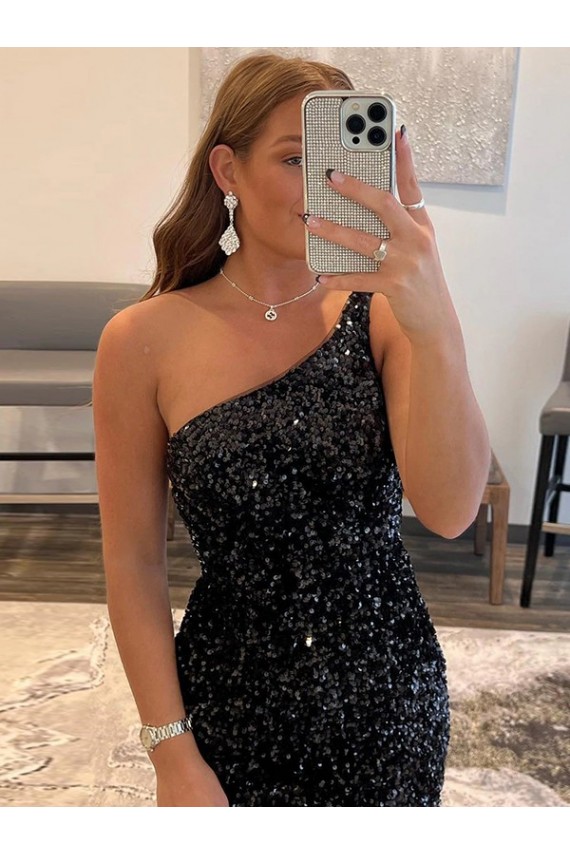 One Shoulder Sleeveless Short Velvet Sequin Prom Dress Australia