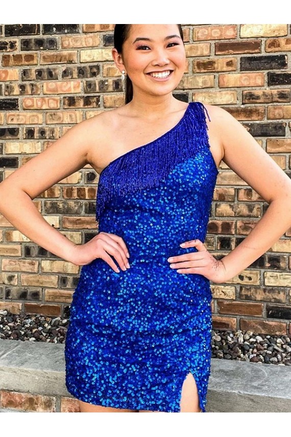 One Shoulder Sleeveless Short Velvet Sequin Royal Blue Prom Dress Australia