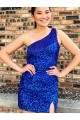 One Shoulder Sleeveless Short Velvet Sequin Royal Blue Prom Dress Australia