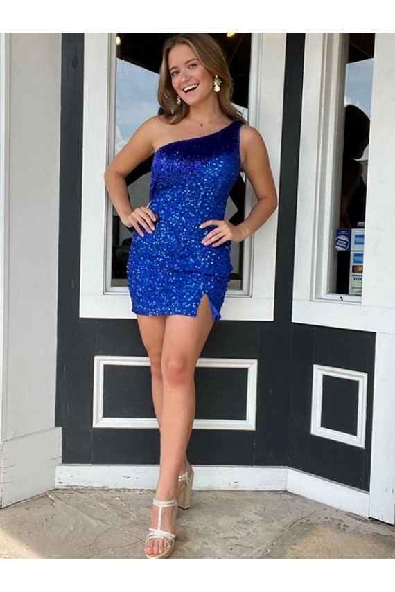 One Shoulder Sleeveless Short Velvet Sequin Royal Blue Prom Dress Australia