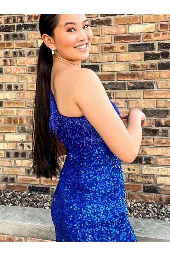 One Shoulder Sleeveless Short Velvet Sequin Royal Blue Prom Dress Australia