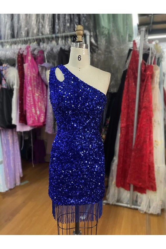 One Shoulder Keyhole Sleeveless Short Velvet Sequin Prom Dress Australia