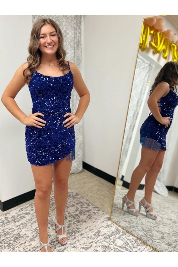 Spaghetti Straps Backless Sleeveless Short Velvet Sequin Prom Dress Australia