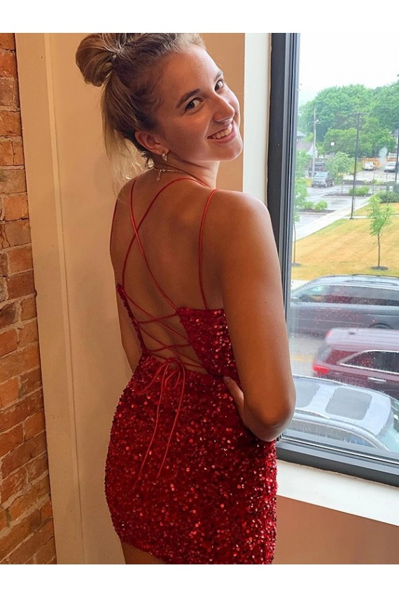 V-Neck Sleeveless Short Velvet Sequins Prom Dress Australia