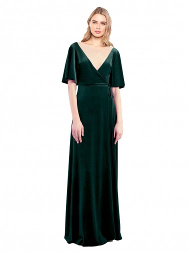 Deep V-Neck Flutter Sleeves Long Velvet Wrap Prom Dress Australia