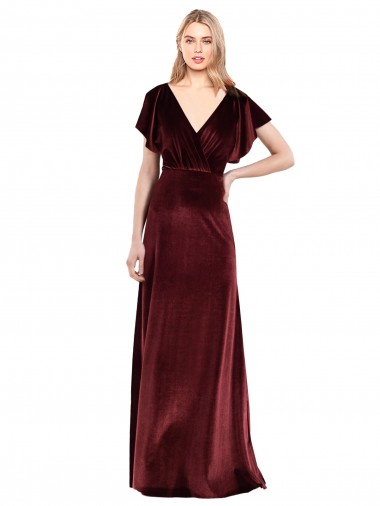 Flutter Sleeves Open Back Long Velvet Prom Dress Australia