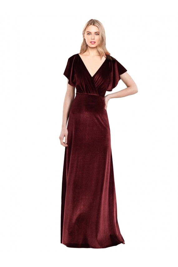 Flutter Sleeves Open Back Long Velvet Prom Dress Australia