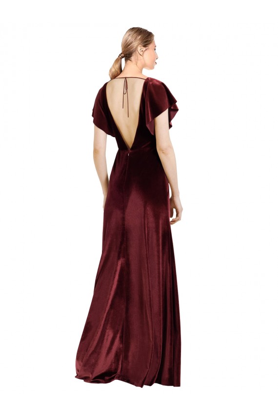 Flutter Sleeves Open Back Long Velvet Prom Dress Australia
