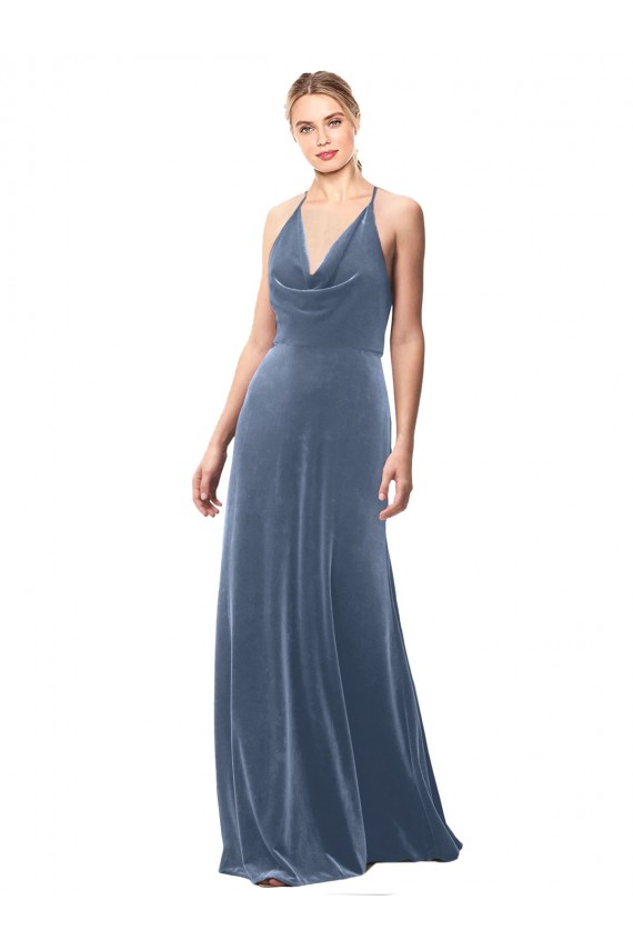 Halter Cowl Neck Long A-Line Velvet Prom Dress with Keyhole Back Australia
