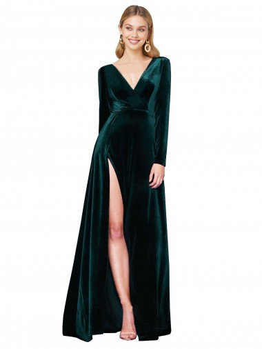 Deep V-Neck Long Sleeves Velvet Prom Dress with High Side Split Australia