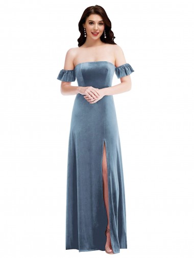 Ruffle Sleeve Off the Shoulder Velvet Maxi Prom Dress Australia