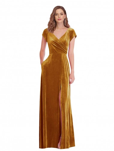 Cap Sleeve Faux Wrap Velvet Maxi Prom Dress with Pockets Australia