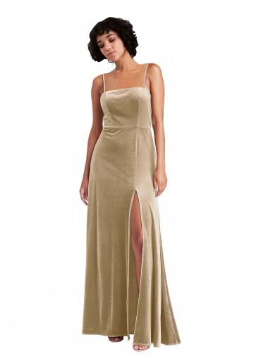Square Neck Velvet Maxi Prom Dress with Front Slit & Pockets Australia