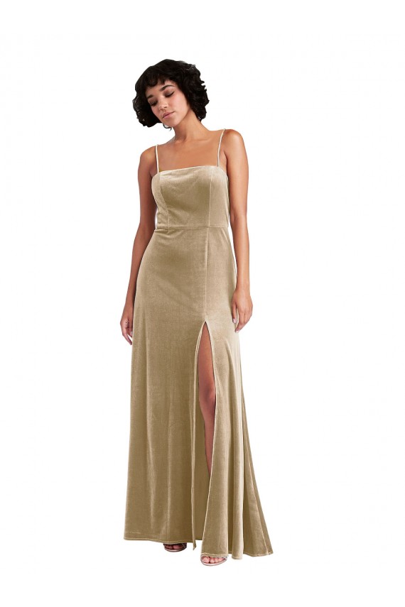 Square Neck Velvet Maxi Prom Dress with Front Slit & Pockets Australia