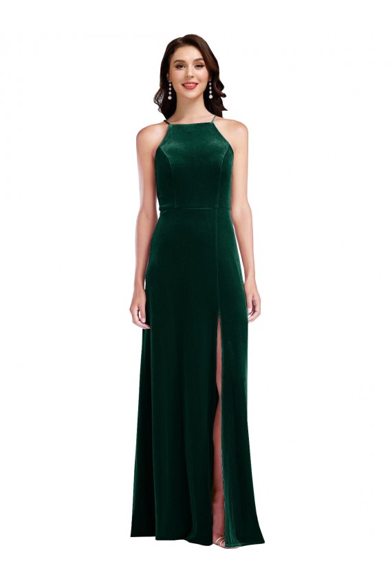 Velvet Halter Maxi Prom Dress with Front Slit & Pockets Australia