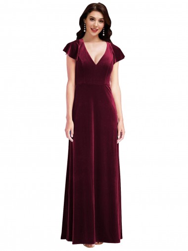 Flutter Sleeve Velvet Maxi Prom Dress with Pockets Australia