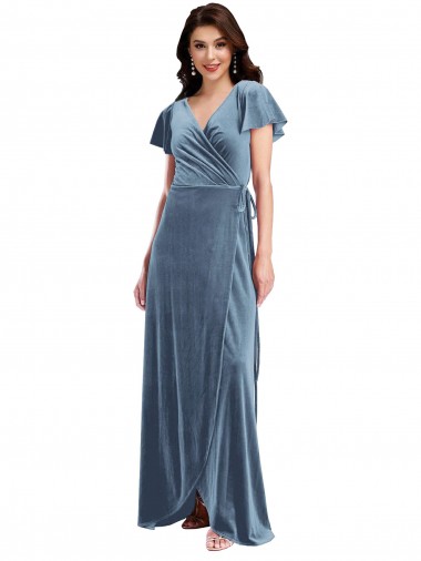 Flutter Sleeve Velvet Wrap Maxi Prom Dress with Pockets Australia