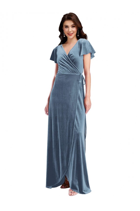 Flutter Sleeve Velvet Wrap Maxi Prom Dress with Pockets Australia