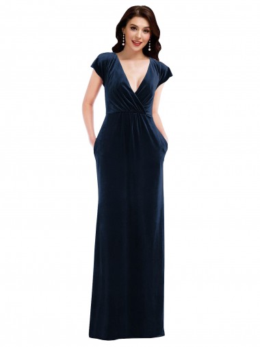 Flutter Sleeve Wrap Bodice Velvet Maxi Prom Dress with Pockets Australia