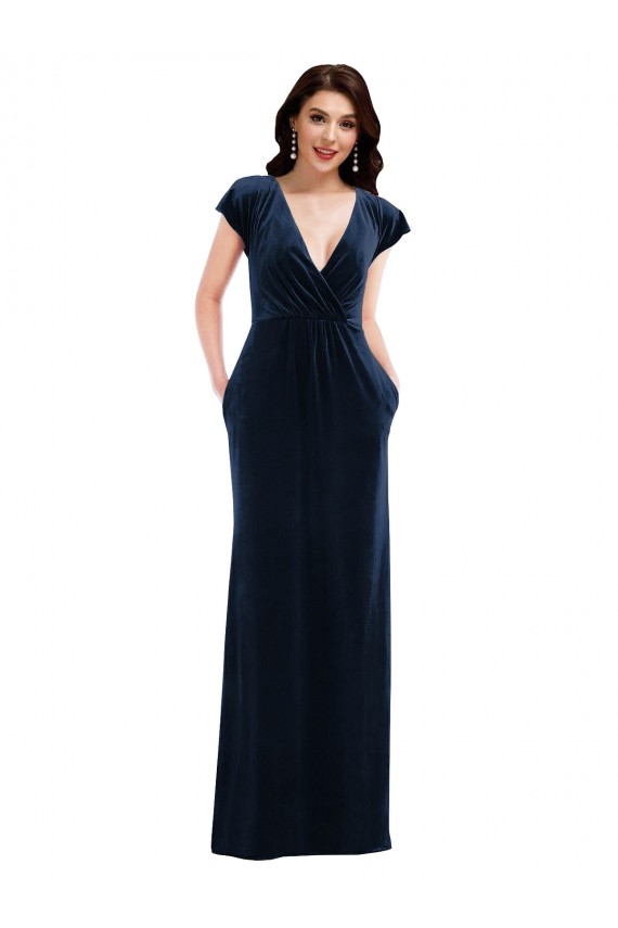 Flutter Sleeve Wrap Bodice Velvet Maxi Prom Dress with Pockets Australia