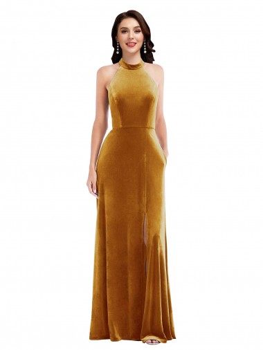 High-Neck Halter Velvet Maxi Prom Dress with Front Slit Australia