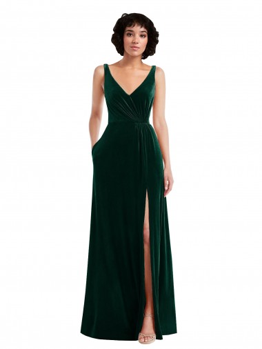 Floor Length Velvet Maxi Prom Dress with Shirred Bodice and Front Slit Australia
