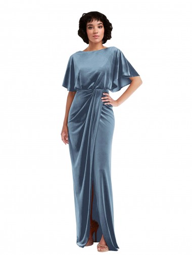 Flutter Sleeve Open Back Velvet Maxi Prom Dress with Pockets & Draped Wrap Skirt Australia