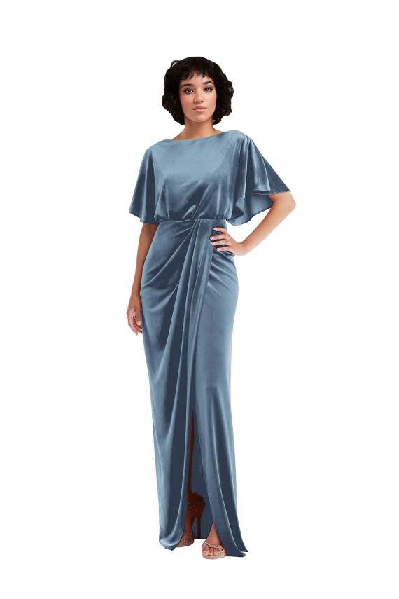 Flutter Sleeve Open Back Velvet Maxi Prom Dress with Pockets & Draped Wrap Skirt Australia