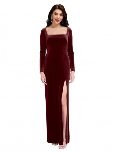 Sleek Square Neck Spaghetti Straps Velvet Prom Dress with Side Slit Australia