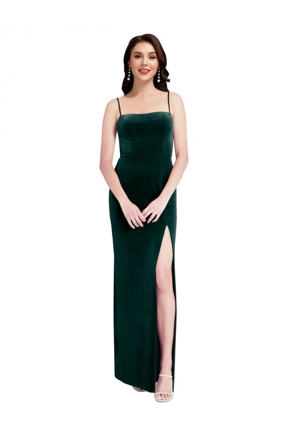 Straight Neckline Spaghetti Straps Long Velvet Prom Dress with High Side Slit Australia